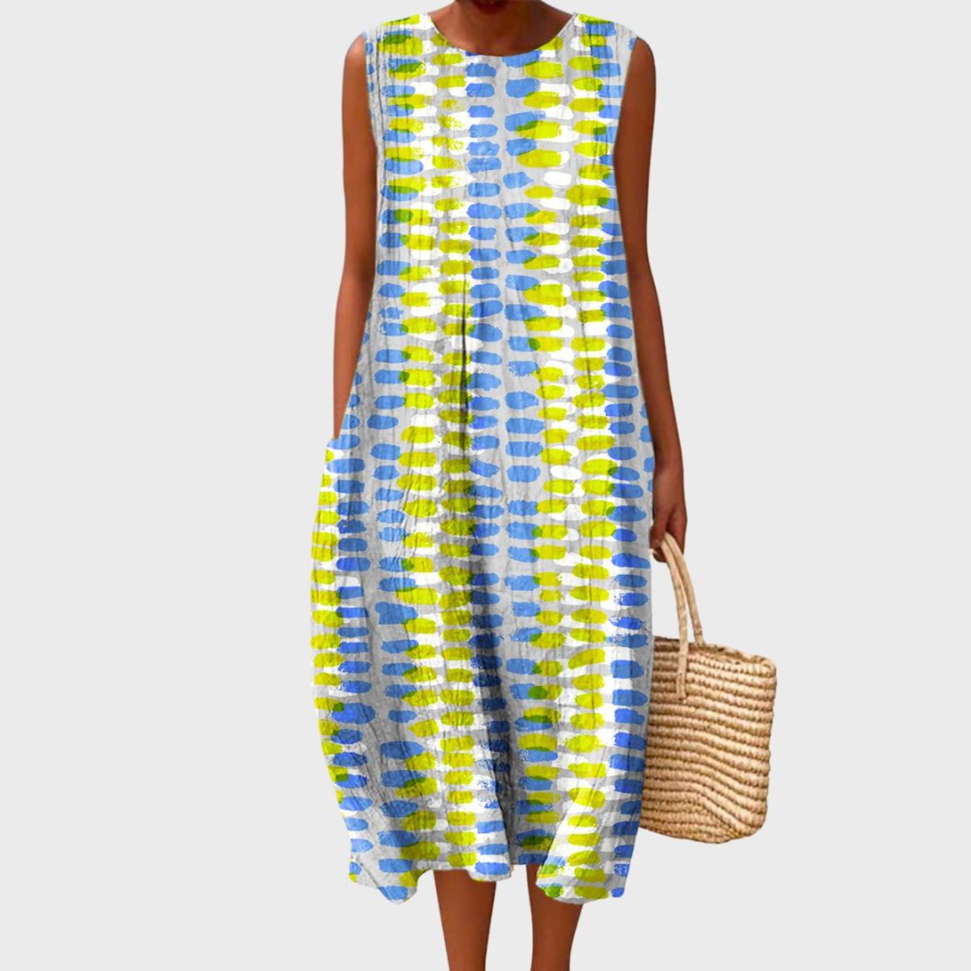 Linen Checked Sleeveless Midi Dress for Women