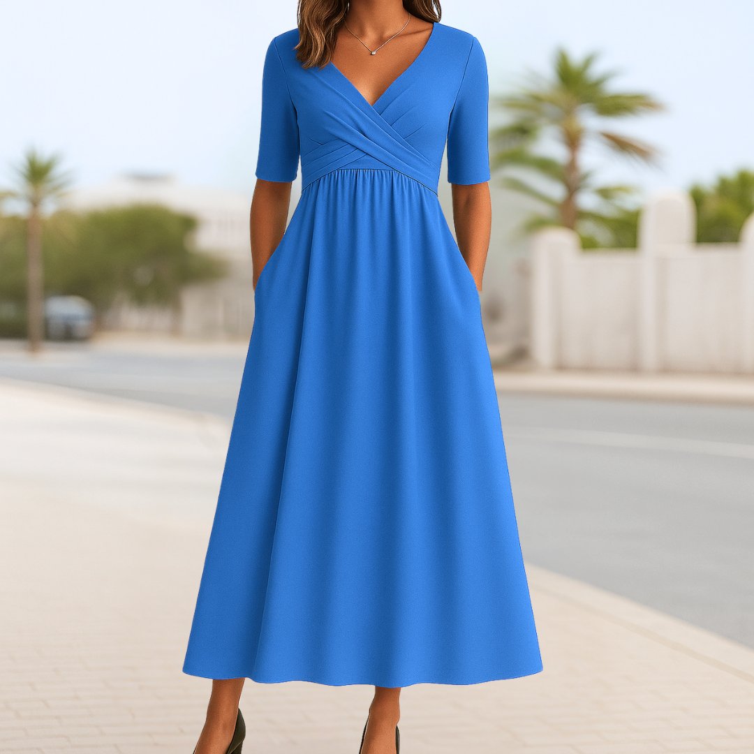 Wrap A-Line Midi Dress Short Sleeves for Women