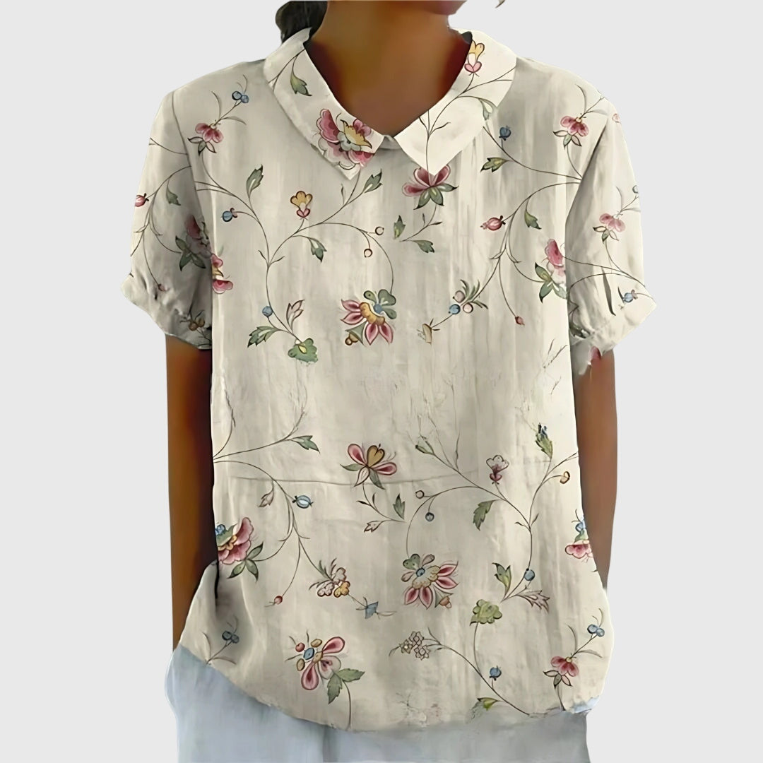 Blouse with Floral Collar and Short Sleeves for Women