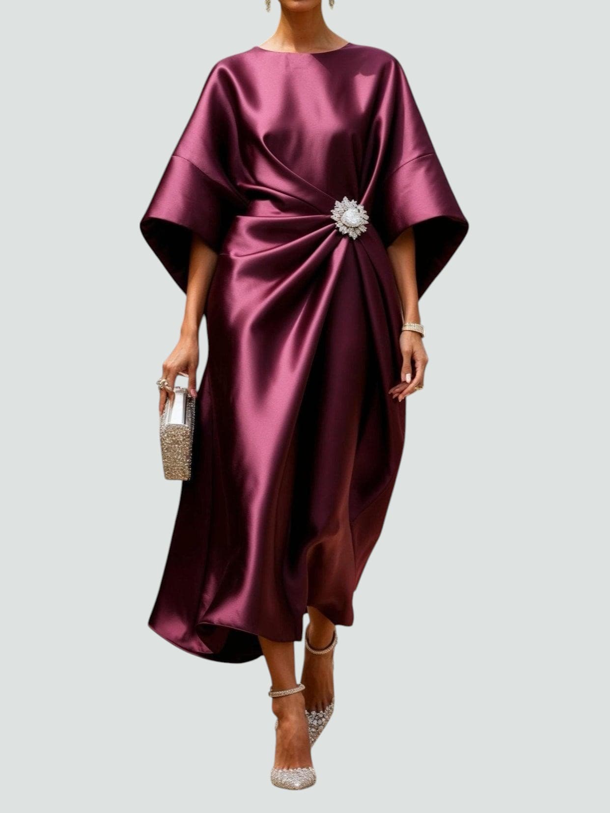 Elegant Maxi Dress with Draped Brooch for Women