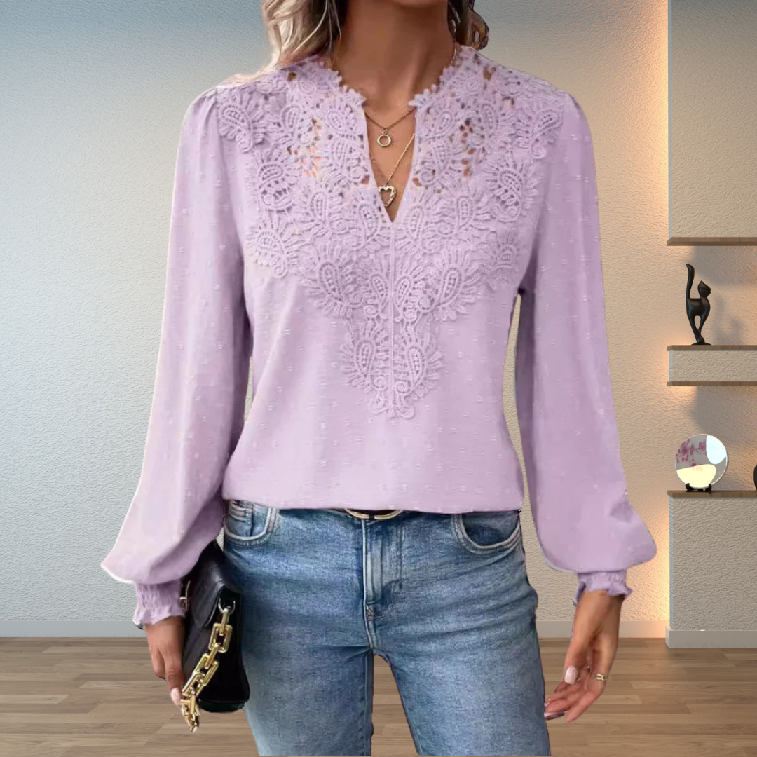 Blouse with V-Neck, Long Sleeves, and Floral Detail for Women