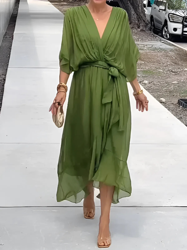 Midi Dress with Bow Belt and Butterfly Sleeves for Women