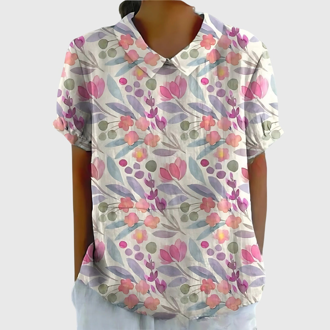 Blouse with Floral Collar and Short Sleeves for Women