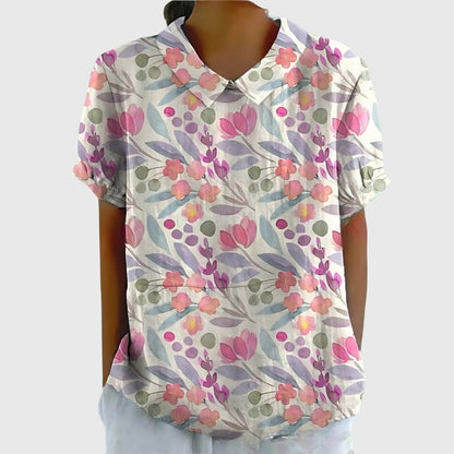Blouse with Floral Collar and Short Sleeves for Women