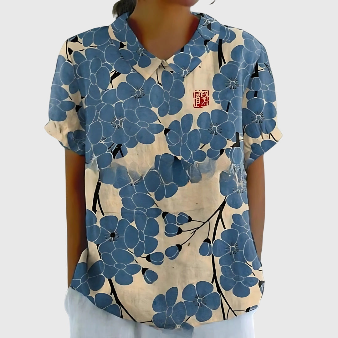 Blouse with Floral Collar and Short Sleeves for Women