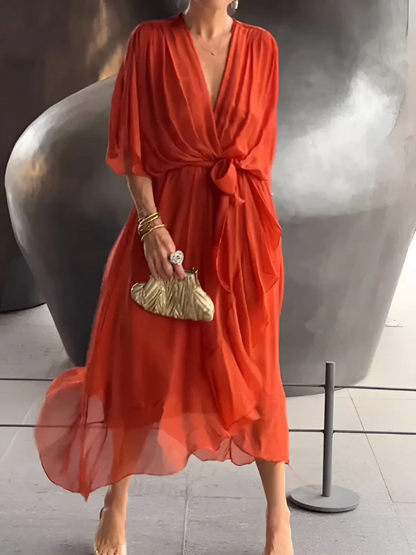 Midi Dress with Bow Belt and Butterfly Sleeves for Women
