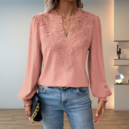 Blouse with V-Neck, Long Sleeves, and Floral Detail for Women