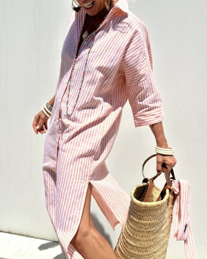 Striped Midi Shirt Dress with Button Closure for Women