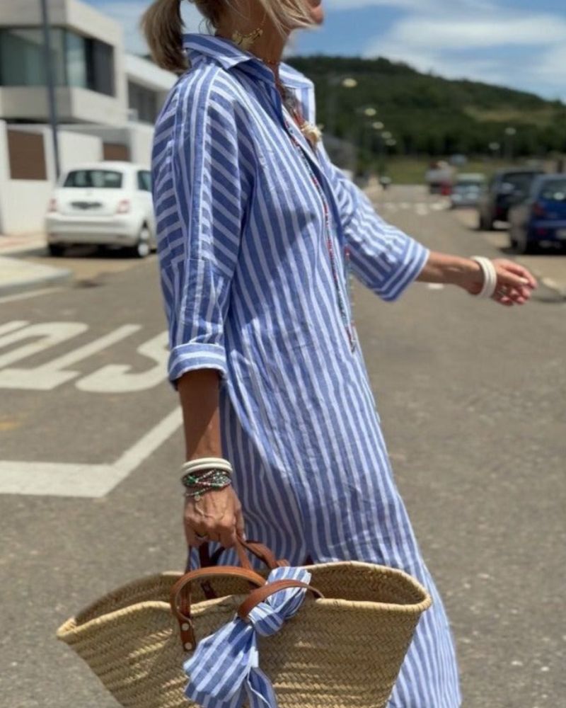 Striped Midi Shirt Dress with Button Closure for Women