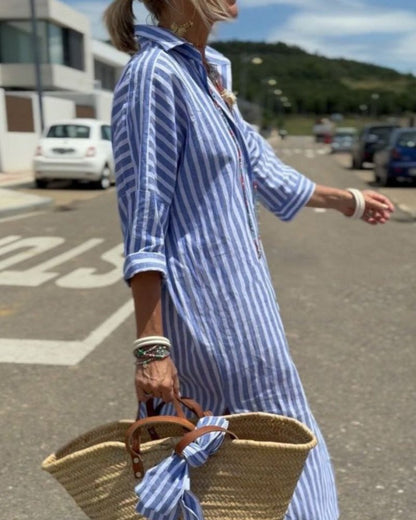 Striped Midi Shirt Dress with Button Closure for Women