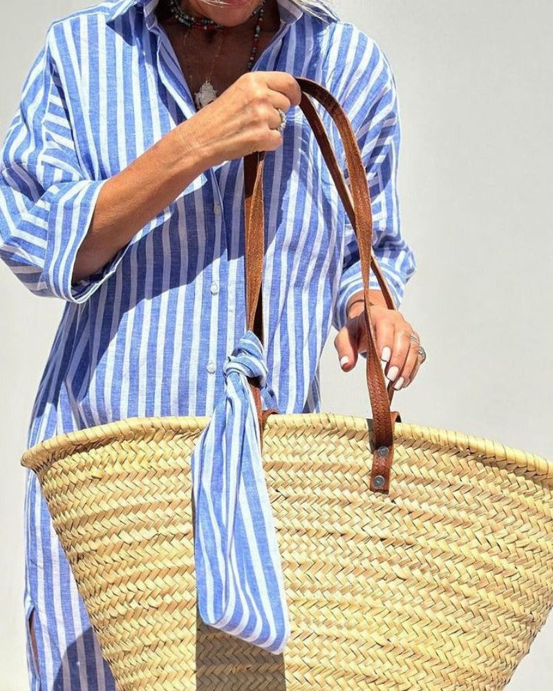 Striped Midi Shirt Dress with Button Closure for Women