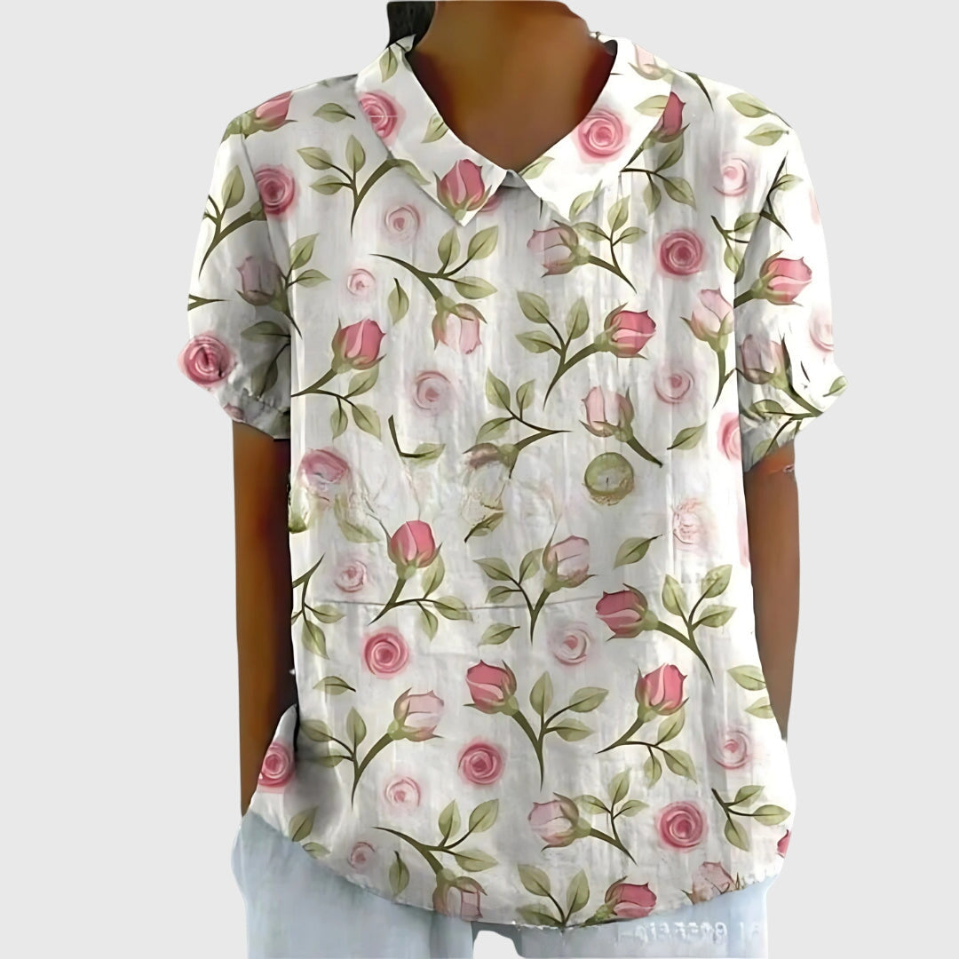 Blouse with Floral Collar and Short Sleeves for Women