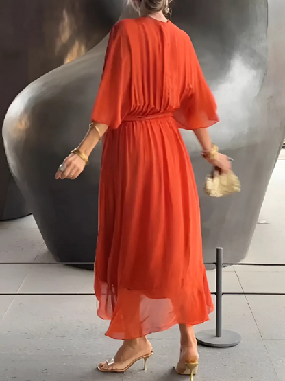 Midi Dress with Bow Belt and Butterfly Sleeves for Women