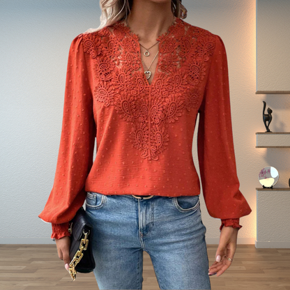 Blouse with V-Neck, Long Sleeves, and Floral Detail for Women