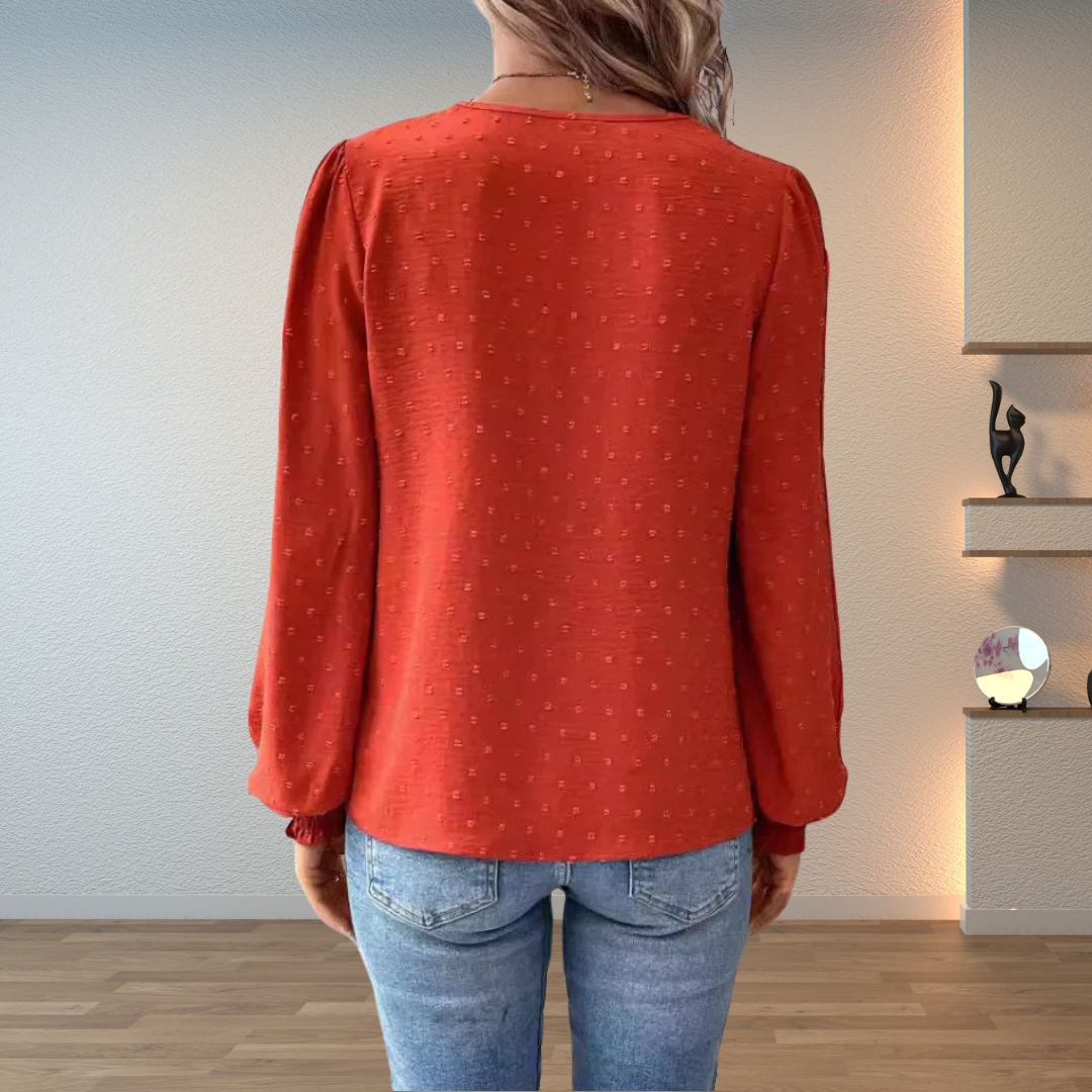 Blouse with V-Neck, Long Sleeves, and Floral Detail for Women