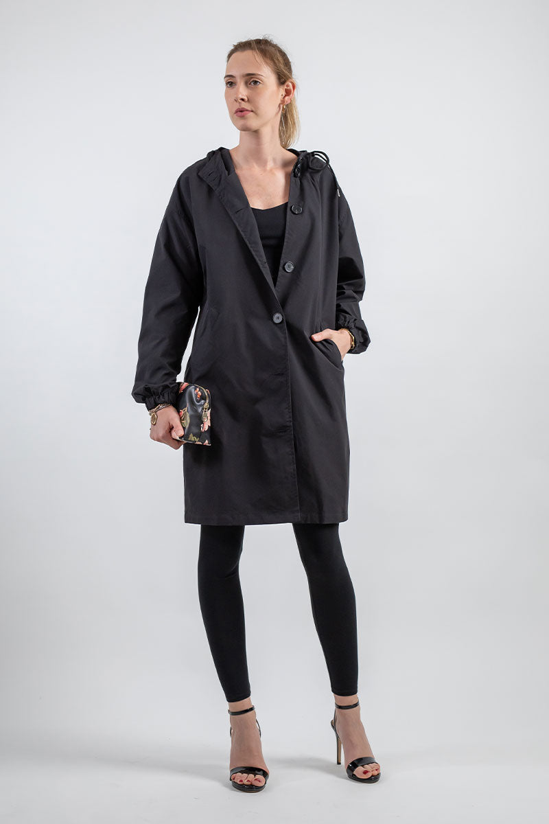 Casual Long Coat with Hood and Buttons for Women