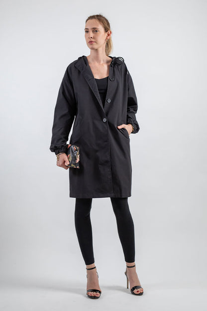 Casual Long Coat with Hood and Buttons for Women