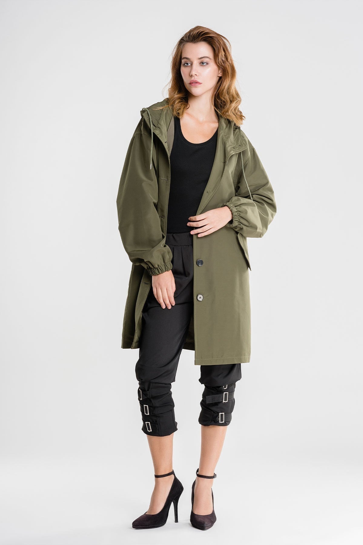 Casual Long Coat with Hood and Buttons for Women