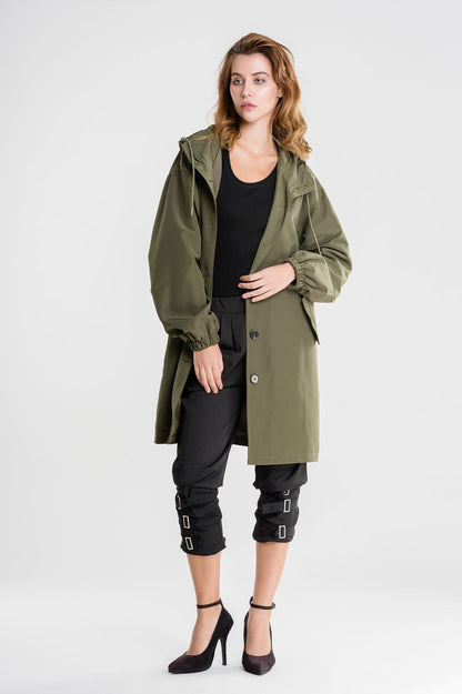 Casual Long Coat with Hood and Buttons for Women