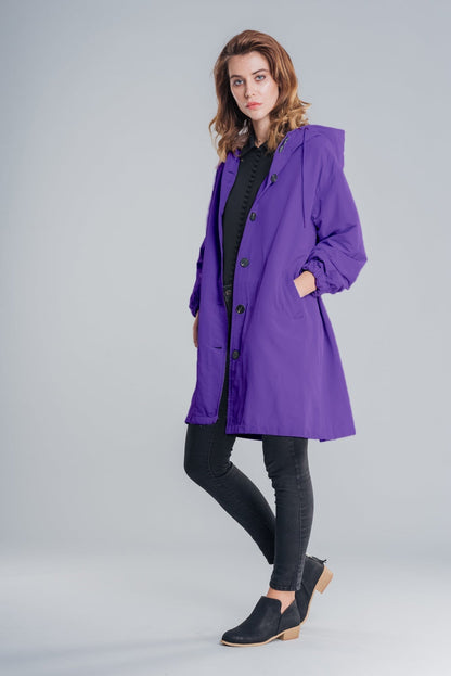 Casual Long Coat with Hood and Buttons for Women