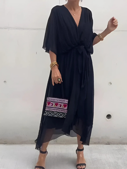 Midi Dress with Bow Belt and Butterfly Sleeves for Women