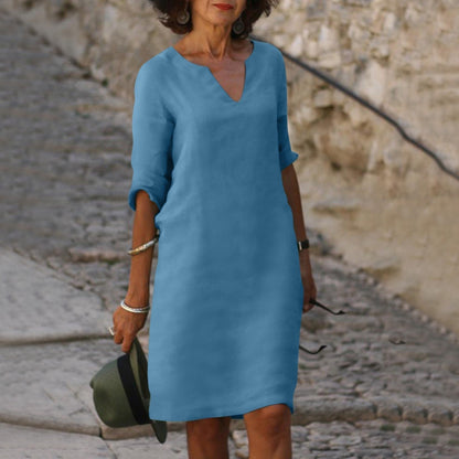 Solid V-Neck Knee-Length Dress for Women