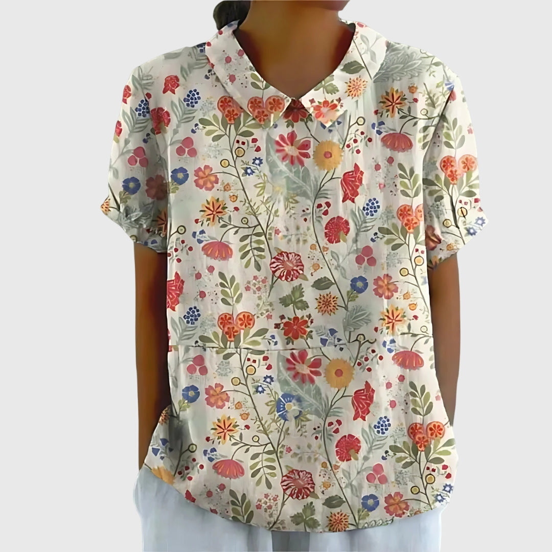 Blouse with Floral Collar and Short Sleeves for Women