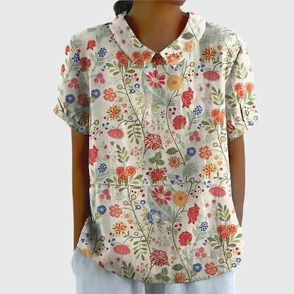 Blouse with Floral Collar and Short Sleeves for Women