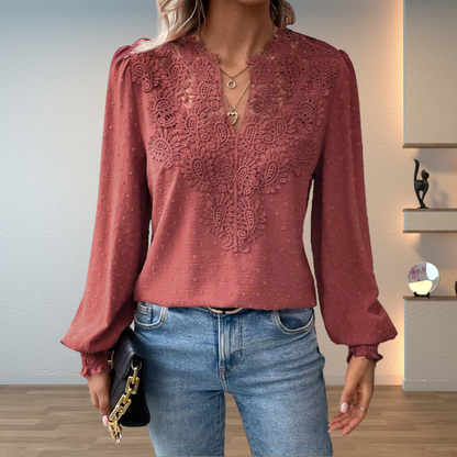 Blouse with V-Neck, Long Sleeves, and Floral Detail for Women