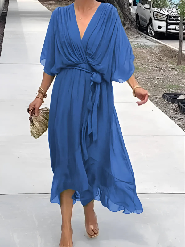 Midi Dress with Bow Belt and Butterfly Sleeves for Women