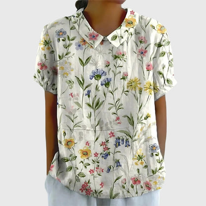Blouse with Floral Collar and Short Sleeves for Women