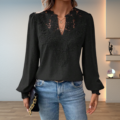 Blouse with V-Neck, Long Sleeves, and Floral Detail for Women