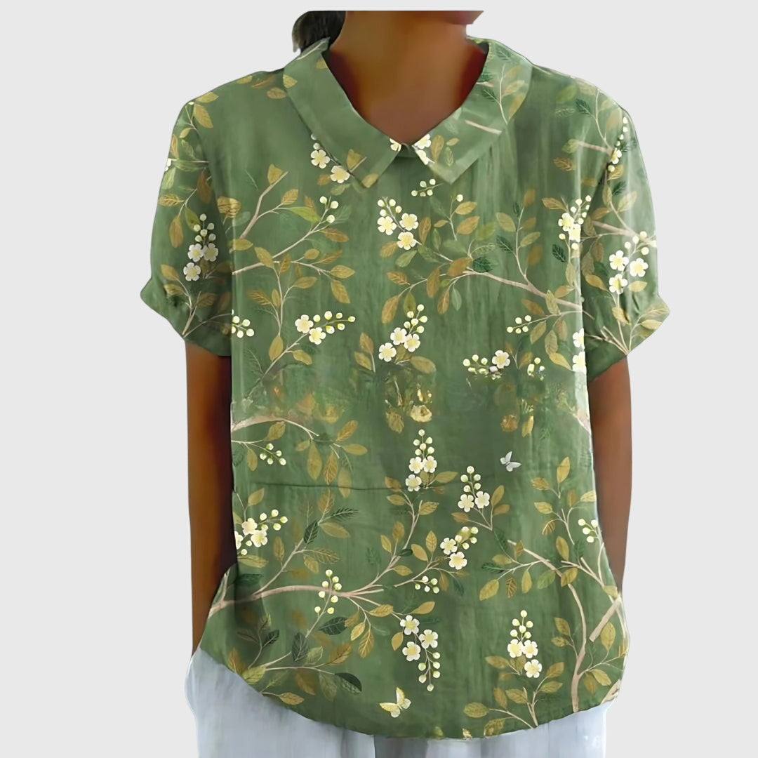 Blouse with Floral Collar and Short Sleeves for Women