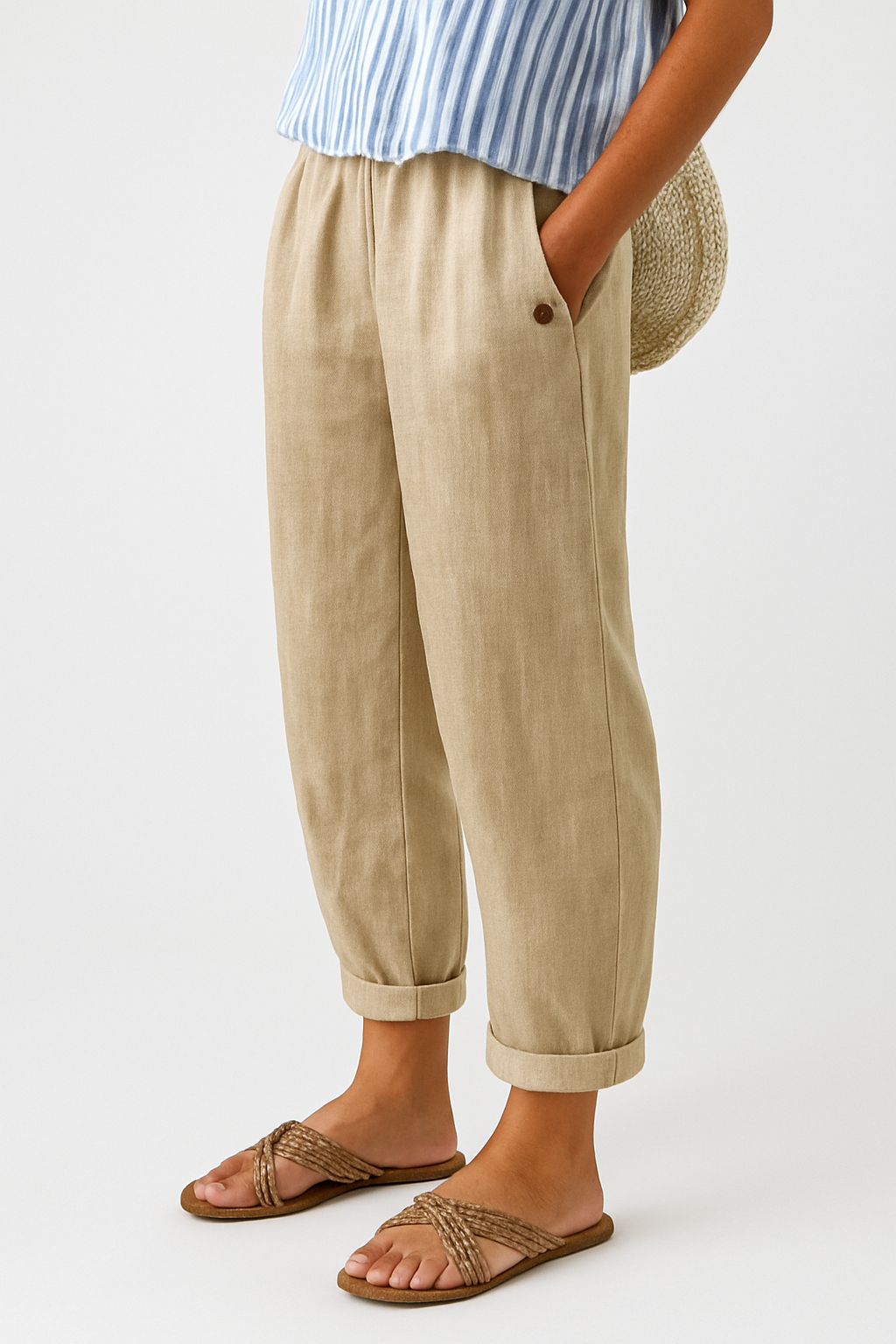 Casual Pants with Pockets and Cuffed Hem for Women