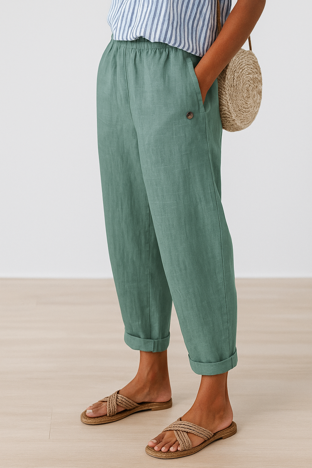 Casual Pants with Pockets and Cuffed Hem for Women
