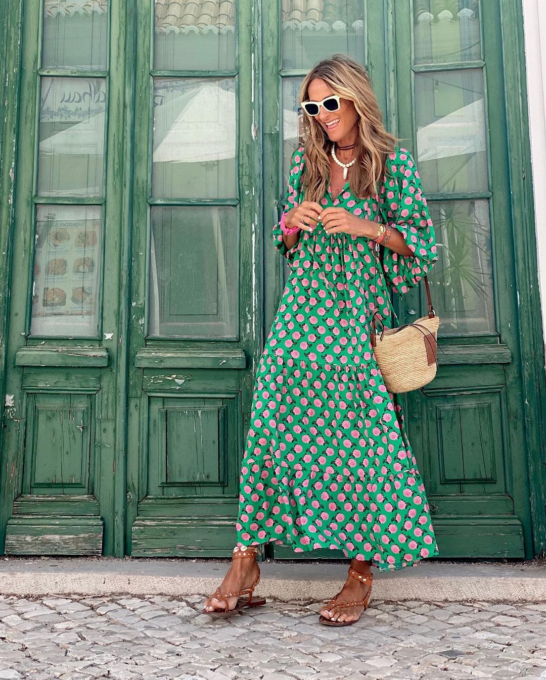 Printed Maxi Dress with V-Neck and Flowy Fit for Women