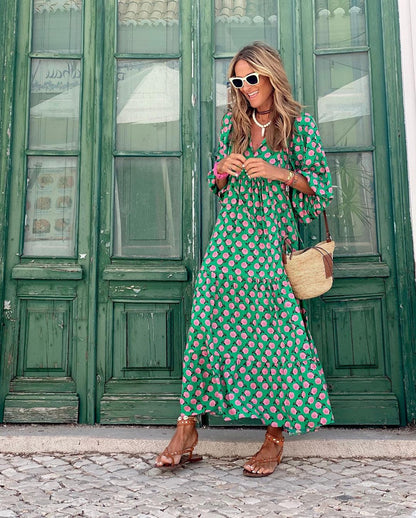 Printed Maxi Dress with V-Neck and Flowy Fit for Women