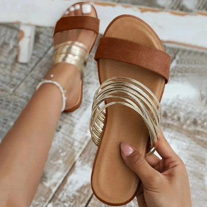 Slip-On Flats with Open Toe and Double Strap for Women