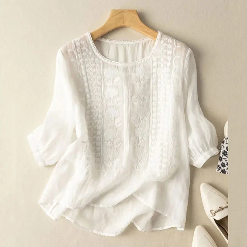 Embroidered Blouse with Round Neck for Women