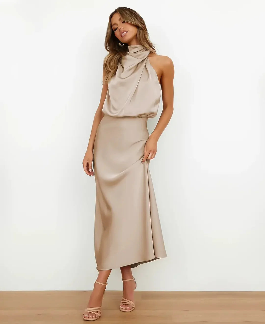Satin Halter Style Formal Midi Dress for Women