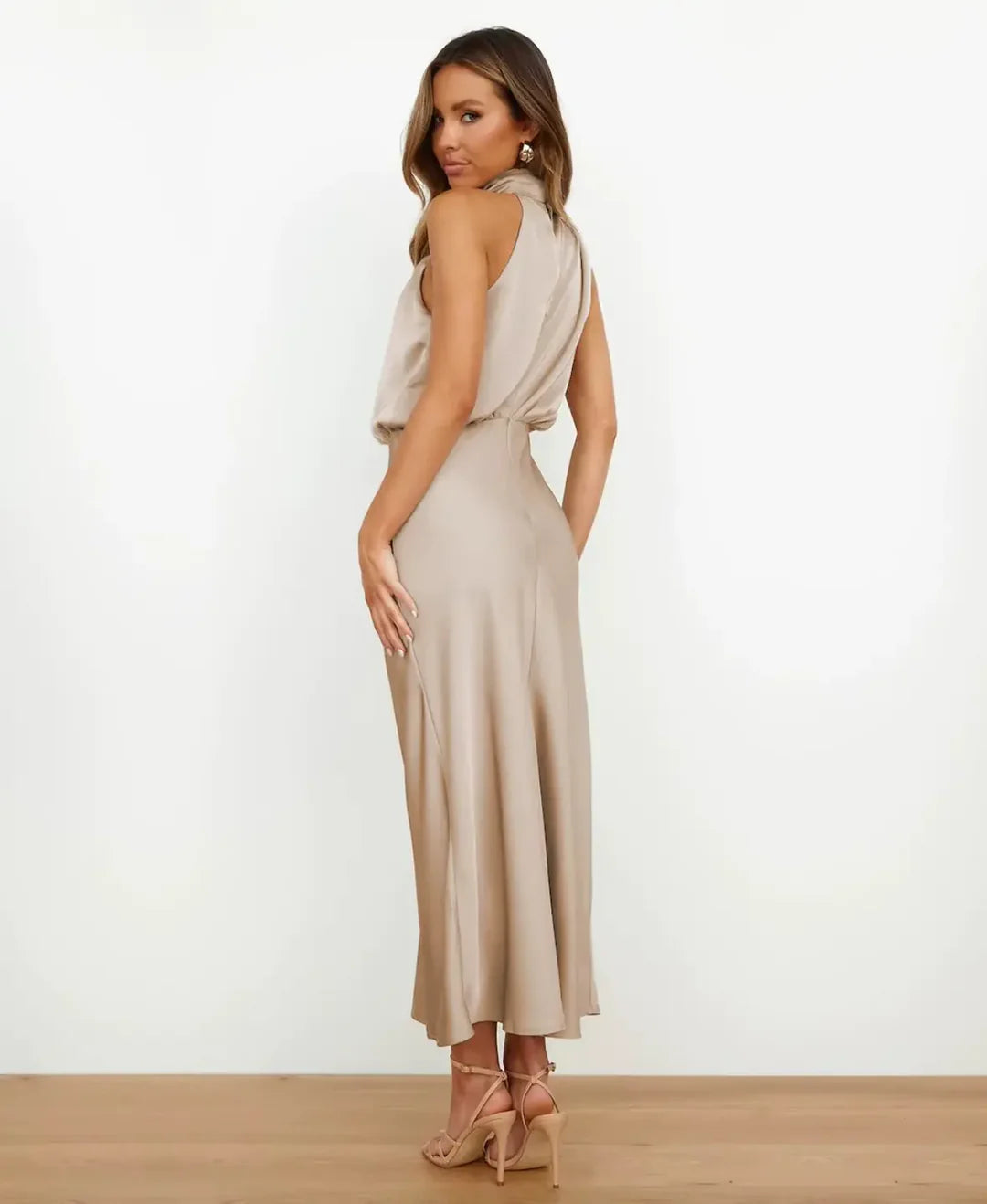 Satin Halter Style Formal Midi Dress for Women