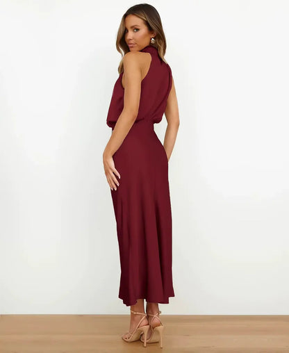 Satin Halter Style Formal Midi Dress for Women