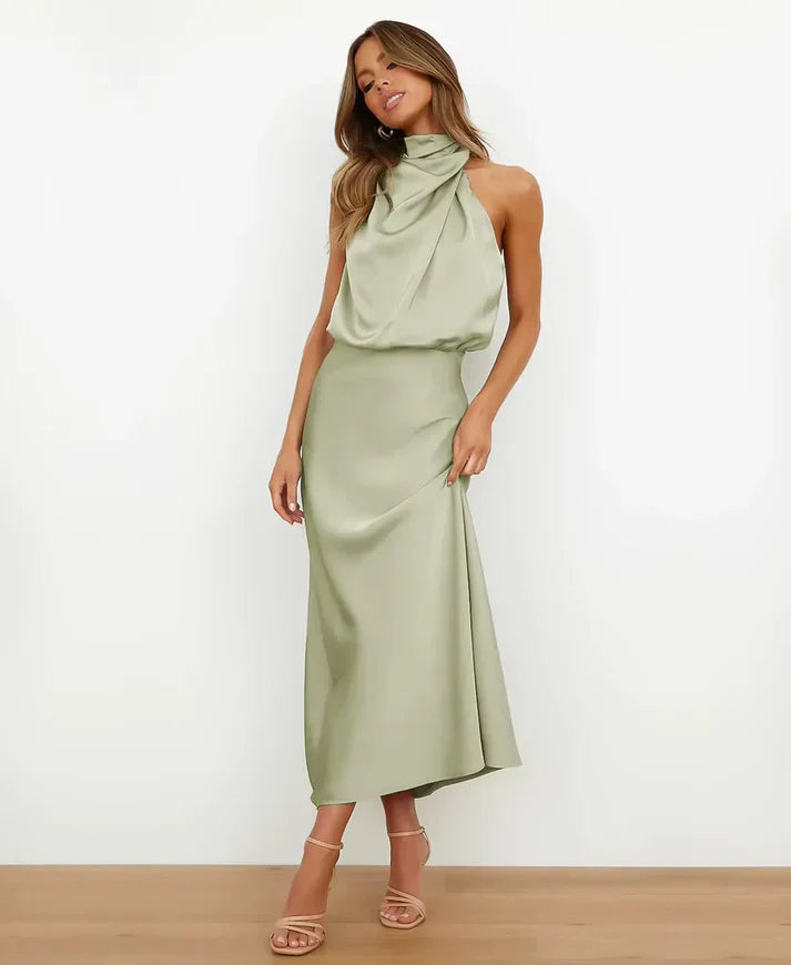 Satin Halter Style Formal Midi Dress for Women