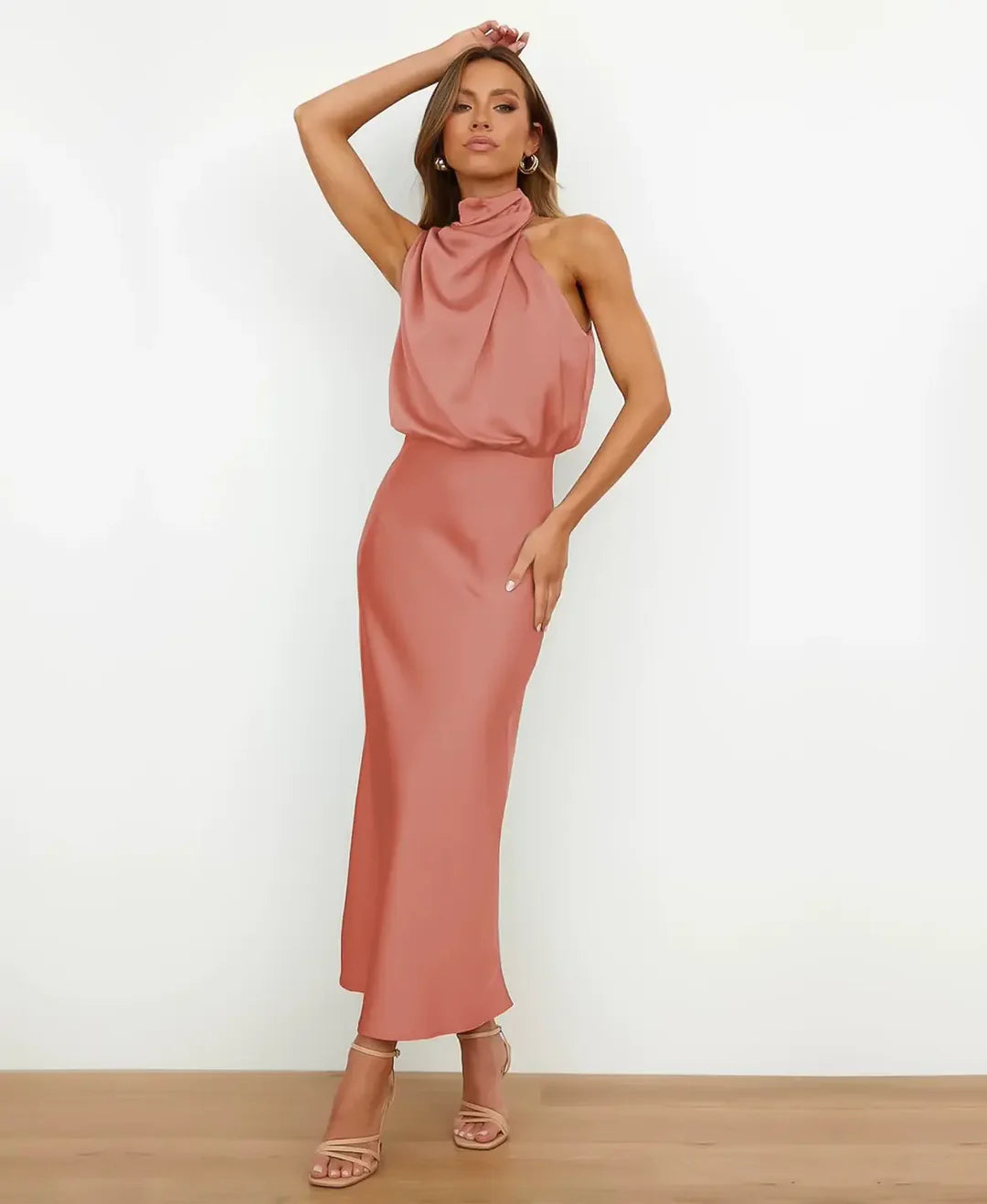 Satin Halter Style Formal Midi Dress for Women