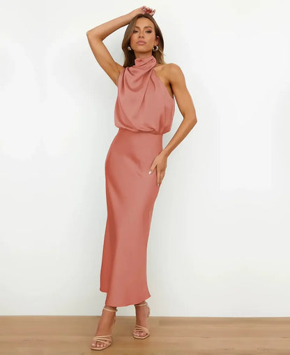 Satin Halter Style Formal Midi Dress for Women