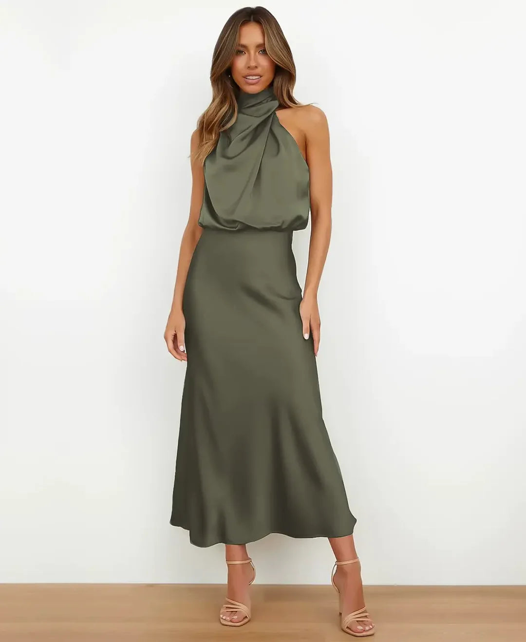 Satin Halter Style Formal Midi Dress for Women