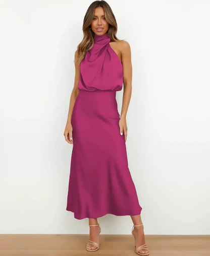 Satin Halter Style Formal Midi Dress for Women