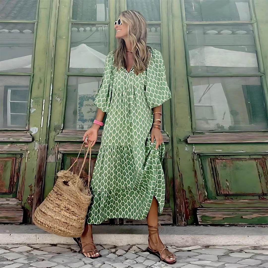 Printed Maxi Dress with V-Neck and Flowy Fit for Women