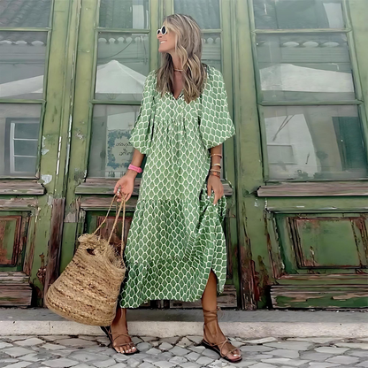 Printed Maxi Dress with V-Neck and Flowy Fit for Women