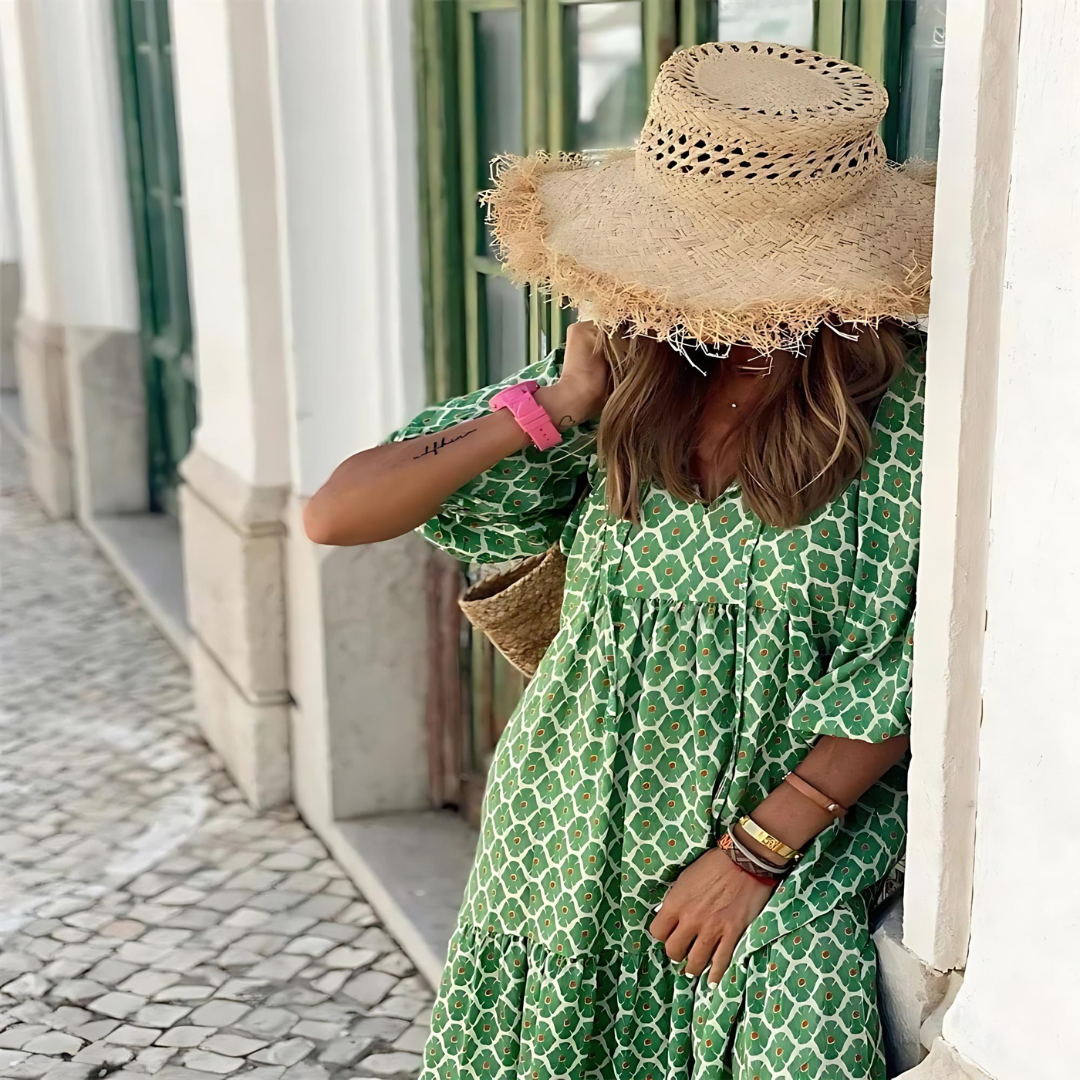 Printed Maxi Dress with V-Neck and Flowy Fit for Women